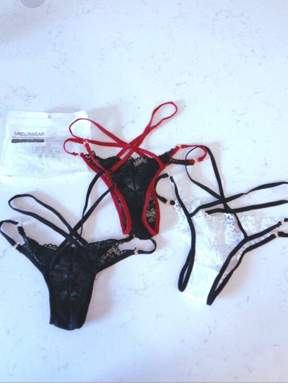 3 Pack Sexy Strappy Lace Panties Solid Black, Red/Black, White/Black Small NEW